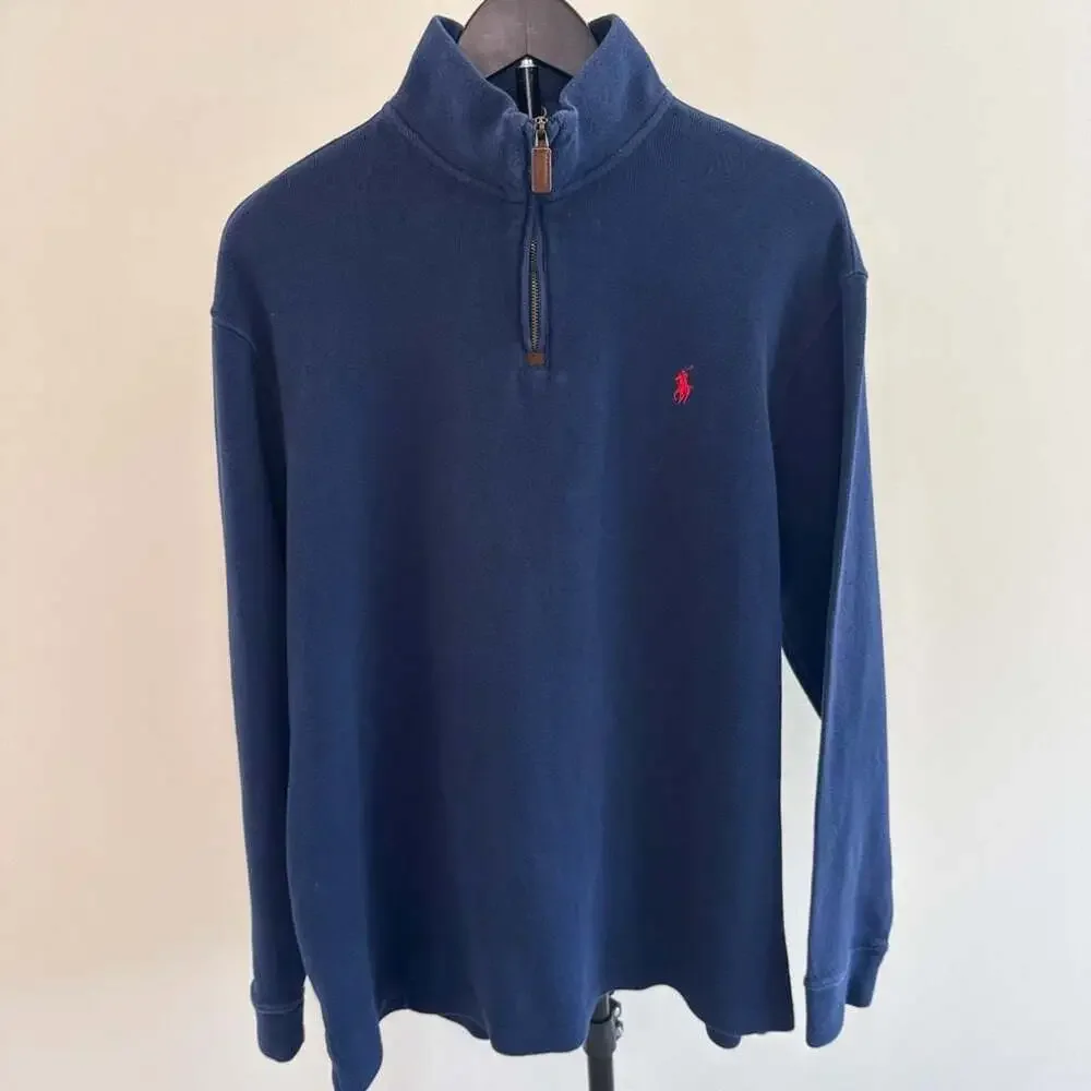 Polo Ralph Lauren Navy Blue Cotton 1/4 Zip Pullover Sweater XL